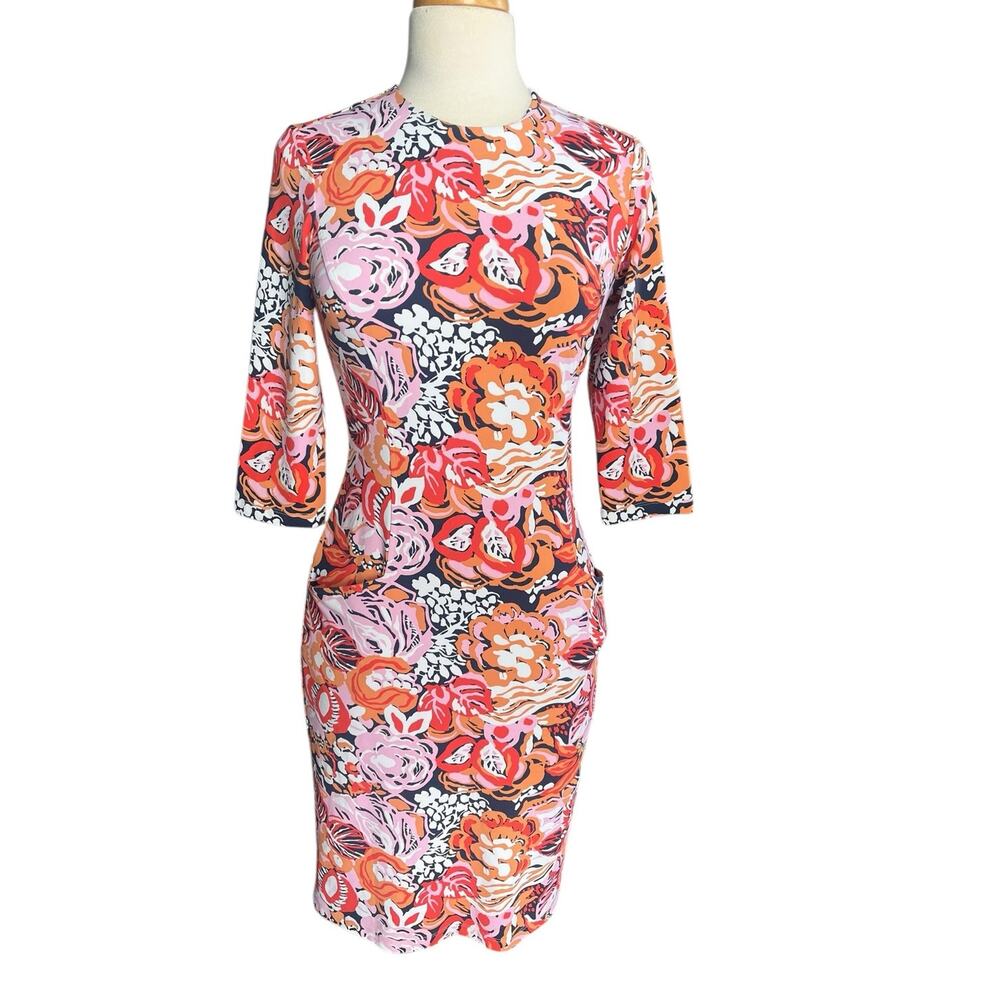 J. McLaughlin Catalyst Sheath Dress Catalina Cloth Stretchy 3/4 Sleeve Church XS